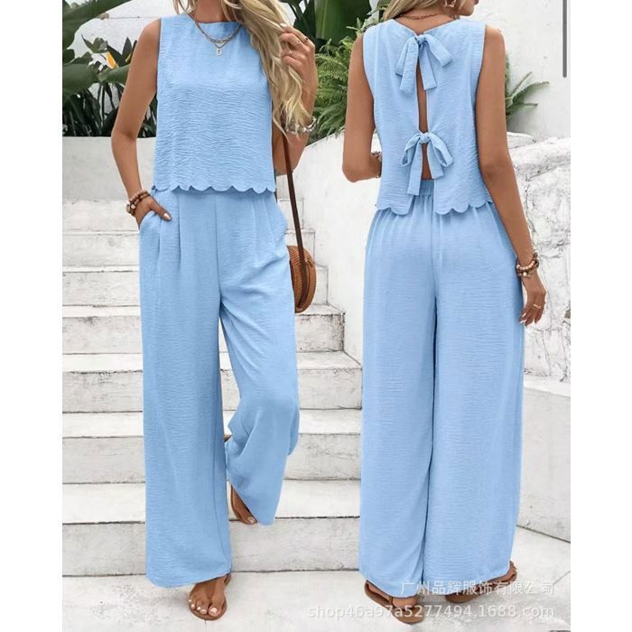 Ensemble femme 2 pièces : débardeur de sport sans manches et pantalon long décontracté pour l’extérieur-Bleu ciel