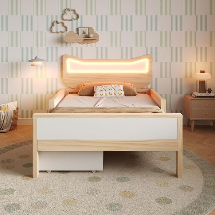 Lit denfant - 90 x 190 cm - Tête oreilles de chat LED RGB - Tiroir modulable (gauche/droite) - Bois massif blanc/chêne