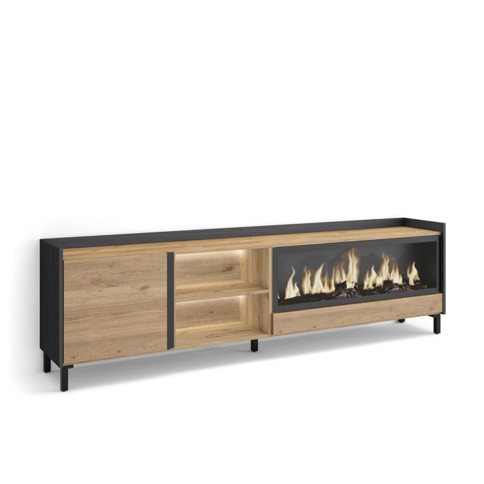 Meuble TV 212x35x61cm avec Cheminée électrique XXL à droite Design industriel LED Chêne et noir RF4478