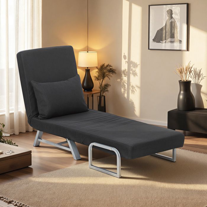 MOTHINESSTO5887-Fauteuil chauffeuse canapé-lit Convertible inclinable 1 Place Coussin lombaires accoudoirs piètement métal Lin Noir