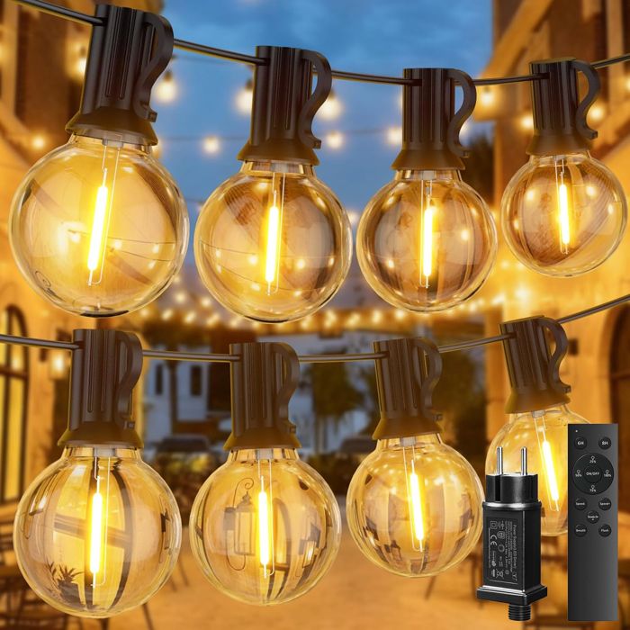 30M Guirlande Lumineuse Extérieure Dimmable Guinguette avec Télécommande 50+2 Ampoules Blanc Chaud pour Jardin Cour Bistrot Maison