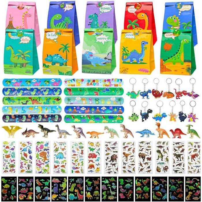 Coffret Dino de 80 pièces pour fête d’anniversaire – Mini dinosaures autocollants 3D tatouages lumineux bracelets claques 3 ans