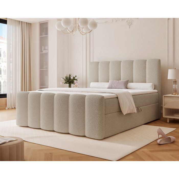 Lit adulte FERRERO - 120x200 cm - avec matelas à ressorts - coffre de rangement à ouverture latérale - Crème