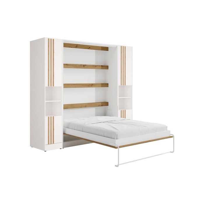 Lit escamotable vertical 160 x 200 cm - 2 colonnes de rangement - Avec tasseaux et LEDs - Blanc et naturel - RAPILI