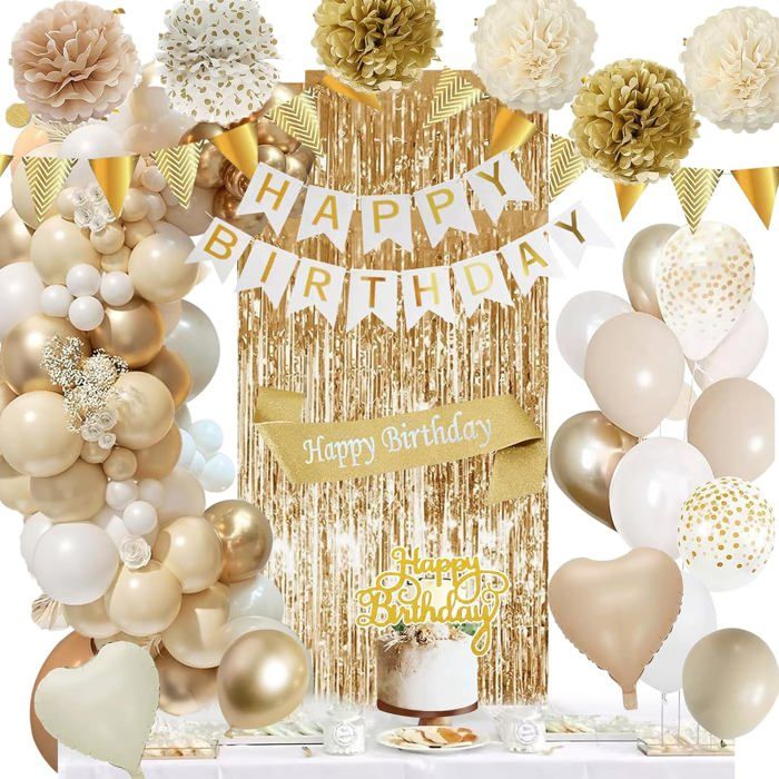 Kit déco anniversaire beige blanc or - Ballons banderole joyeux anniversaire pompons confettis et rideau - Pour fille et femme