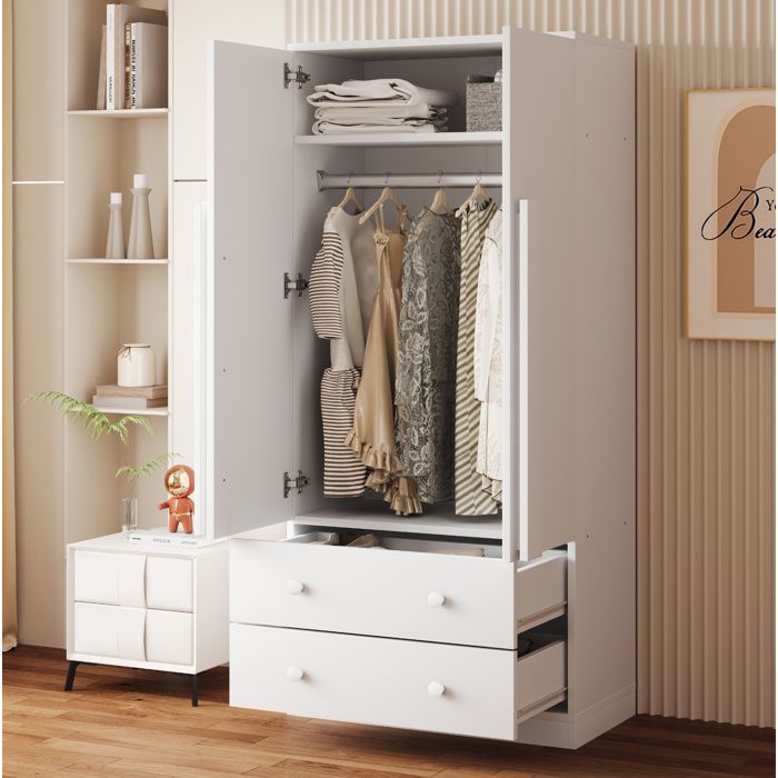 Armoire de Chambre 2 Portes avec 2 Tiroirs et Penderie - MEUNIQ - Laquée Blanche pour Chambre 70×40×170 cm