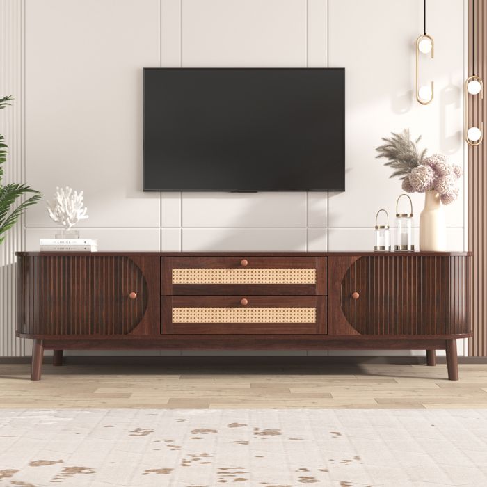 Meuble TV Bas 170 cm Effet Bois et Rotin LEMLIT Meuble TV avec Portes Tiroirs Grand Rangement pour TV 50-59 Pouces - Bois Naturel