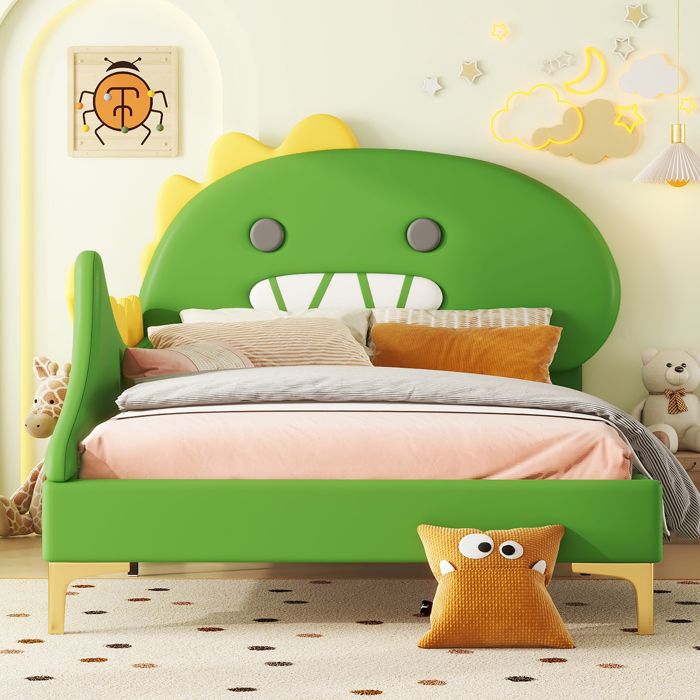 Lit enfant dinosaure - 90x200 cm - Motif dinosaure - Vert - Polyuréthane - MDF - Design ludique - Facile à nettoyer