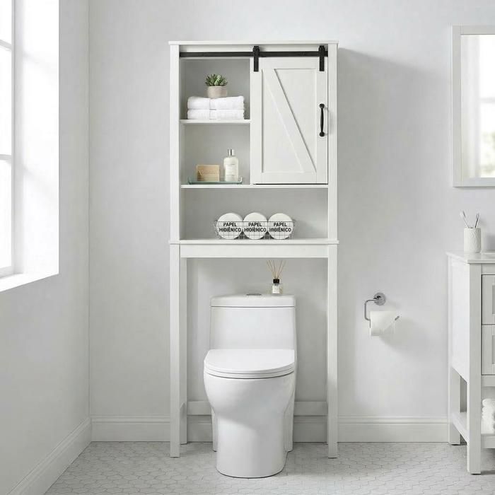 JOLLYTOP Meuble au Dessus WC 170cm - Étagère Salle de Bain avec Porte Coulissante Style Grange et Étagères Réglables - Blanc