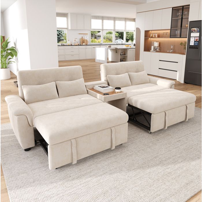 Canapé dangle en U convertible 2 couchages avec dossier réglable - HAVRYA - 4 coussins chenille beige 284×138×89 cm