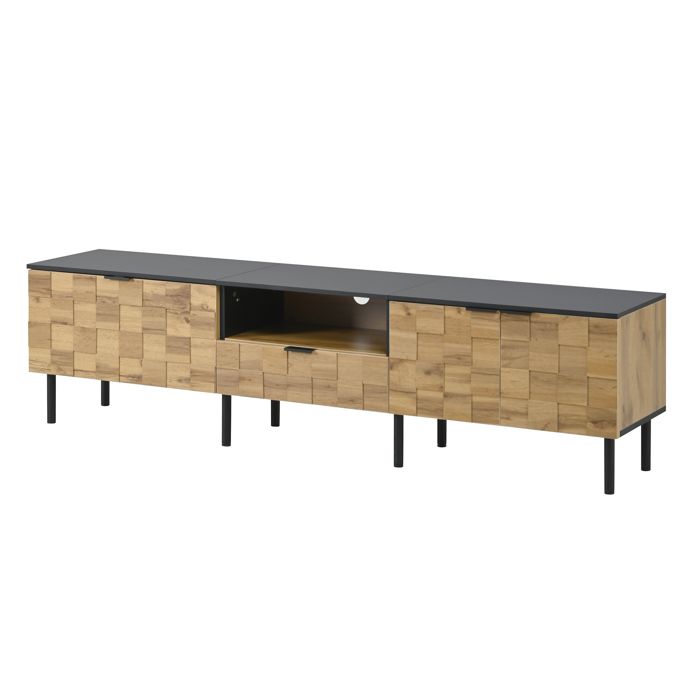 Meuble TV Salon en Bois - 2 Portes 1 Tiroir et Niche Ouverte - Pieds en Métal - 170x35x44 cm