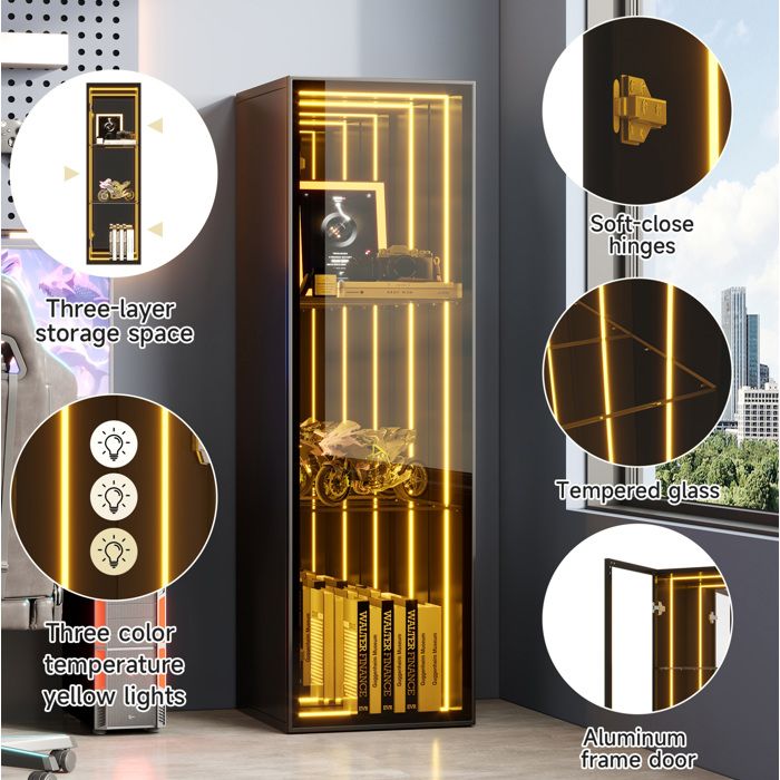 Vitrine de rangement 30 x 30 x 90 cm en verre trempé porte cadre aluminium LED intégré noir