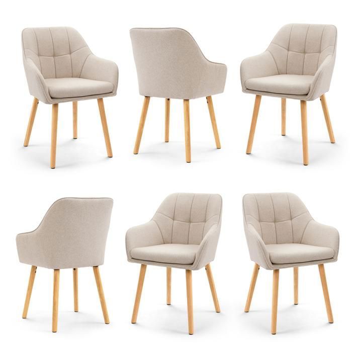 GOEURVANT Lot de 6 Chaises de Salle à Manger Tissu Texturé Beige Chaise Capitonnée Ergonomique avec Accoudoirs Pieds Bois Salon