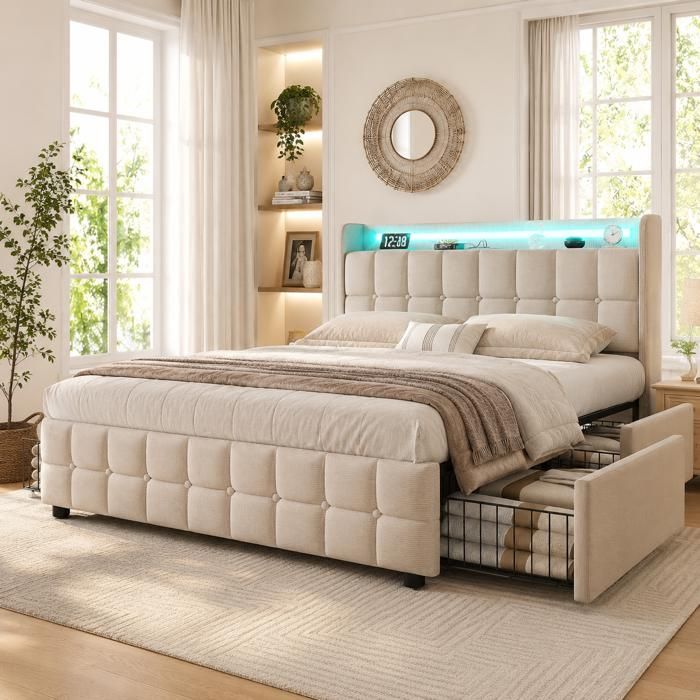 Lit 140x190 avec 4 Tiroirs LED et USB Lit Double Adulte avec Sommier à Lattes Tête de Lit Capitonnée Sans Matelas Lin Beige