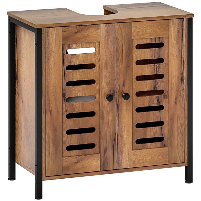 Meuble sous-évier industriel avec 2 portes à lattes à fermeture magnétique et étagère réglable 60 x 30 x 60 cm marron rustique