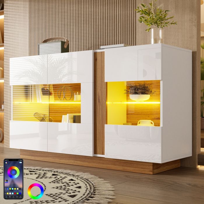 Buffet Bahut bas brillant LED 120×38×80cm Meuble de rangement salon bois moderne avec 3 portes en acrylique blanc et naturel