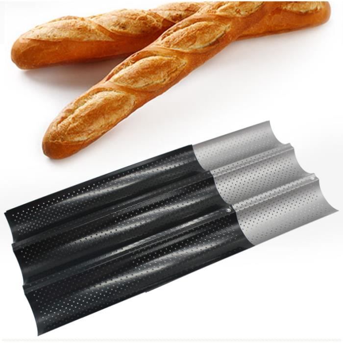 Plaque de Cuisson perforée Moule à 3 Baguettes et Biscuits Anti-Adhésif de Cuisson pour biscuits et Pain, Noir, 38*24.5*2.4cm