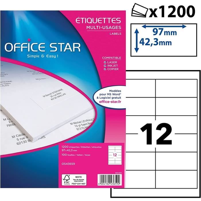 OFFICE STAR Boite de 1200 étiquettes autocollantes blanches multi