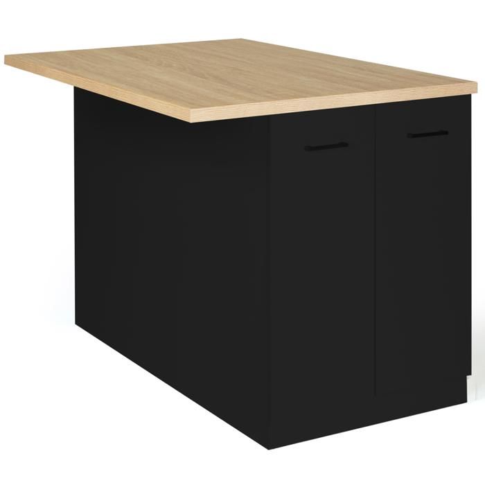 IDMARKET Ilot central IVO 120 cm bois noir avec plan de travail façon hêtre