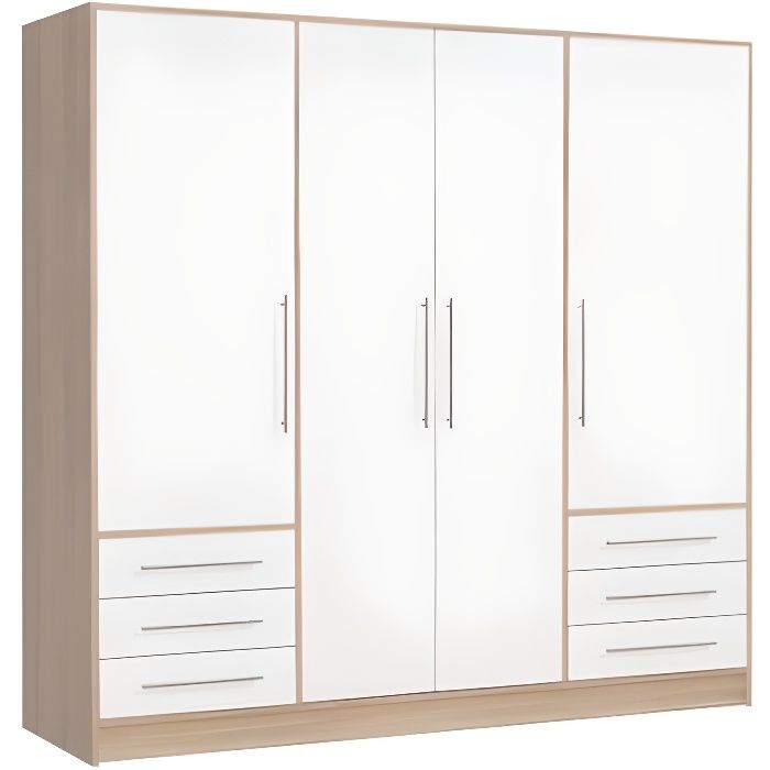 armoire dressing - faro - 4 portes - blanc - chêne clair - 6 tiroirs