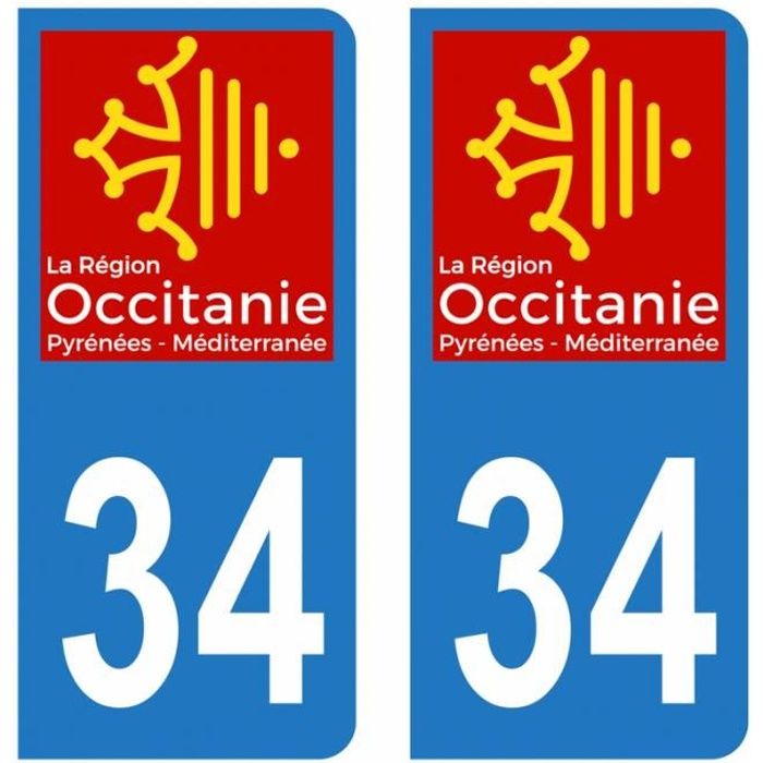Lot 2 Autocollants Stickers plaque immatriculation voiture auto département 34 Hérault Logo Région Occitanie