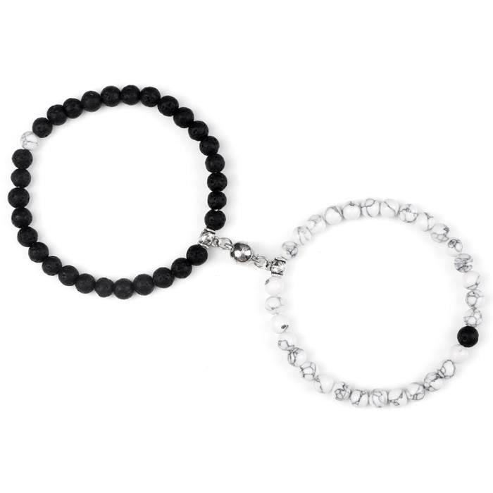 Bracelets Couples Magnétiques GWAWG - Pierres Naturelles Turquoise Et Noire - Cœur Assemblé - Cadeau Saint-Valentin