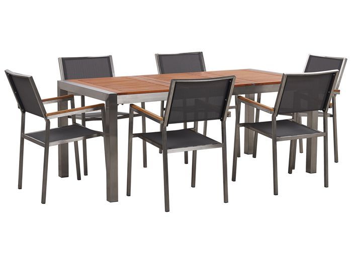 table de jardin en bois eucalyptus 180 cm et 6 chaises grises grosseto - beliani - contemporain - extérieur