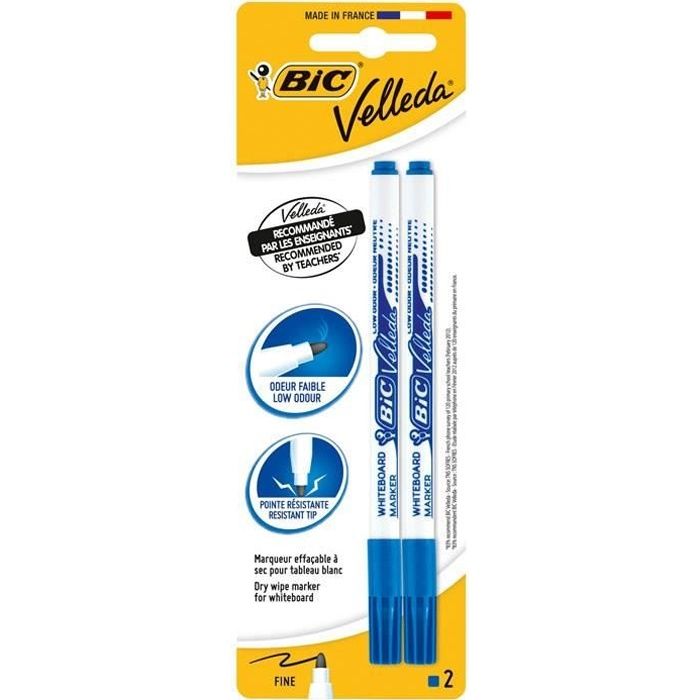BIC 12 Marqueurs Bic Velleda Bleu Encre Acétone Pointe Moyenne Evasé Ardoise Blanche 