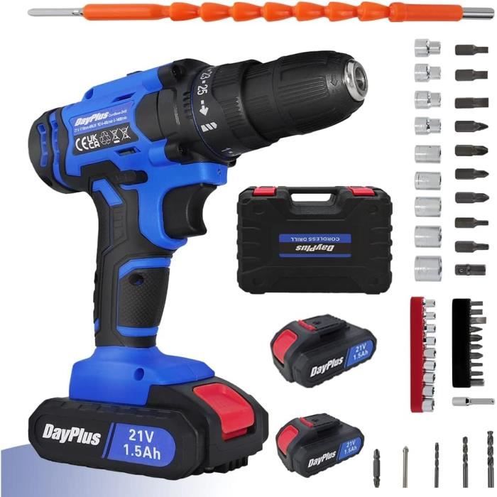 Perceuse-visseuse Sans Fil 21V VIWKO – 45 Nm, 2 Batteries 2Ah, 25+3 Réglages, Mandrin 10mm – 27 Accessoires Inclus