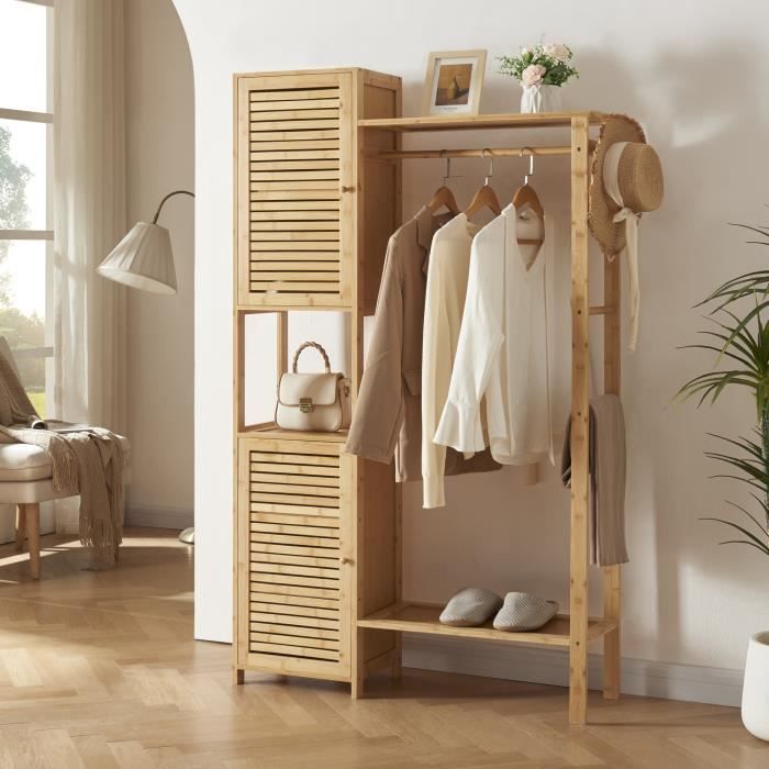 En.casa] Portant à Vêtements à Roulettes Meuble De Chambre Avec Barre De Penderie Bambou Acier Inoxydable 70 X 43 X 152 Cm Naturel