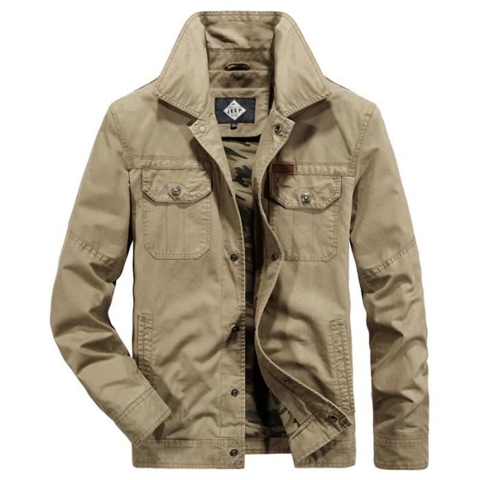 Blouson Homme Pur Coton Printemps et Automne Veste Multi poches Couleur Unie Tissu Comfortable Kaki