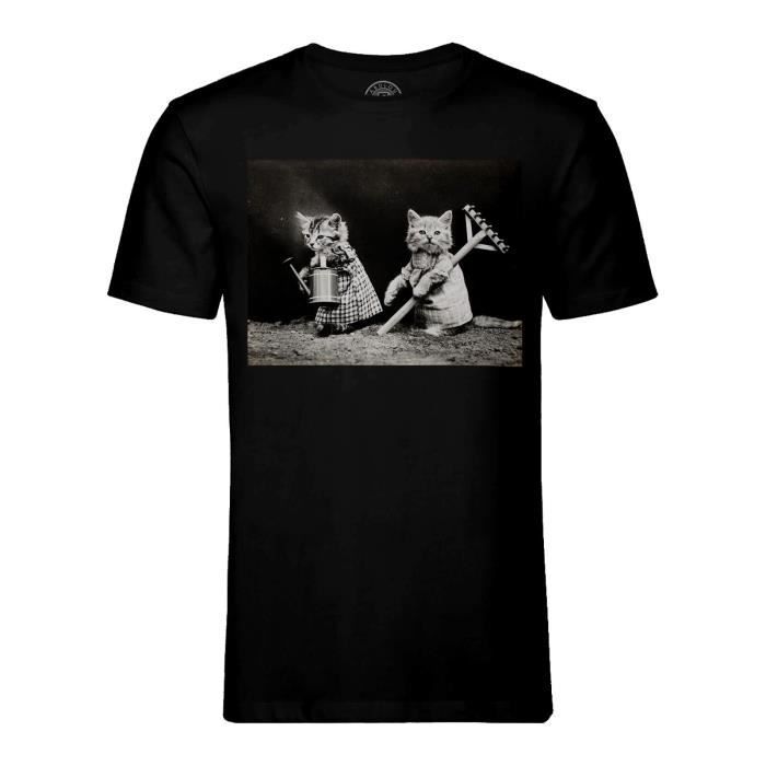 T shirt Homme Col Rond Noir Chatons Habill en Jardinier Photo Retro Mignon