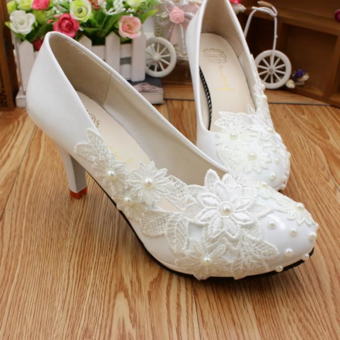 Escarpins - Mariage - Fleurs Blanches - Femme - Talon Aiguille - Bride - Synthétique