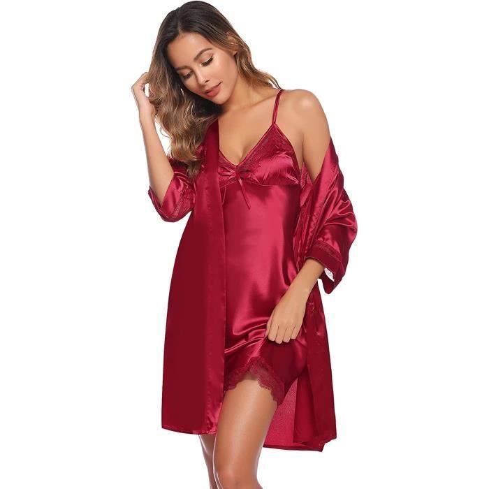 DaPongZhi Chemise De Nuit Sexy à Bretelles Femme Ensemble Satin Nuisette Femme Robe De Nuit 2 Pièces En Satin De Soie Robe De Chambre Couleur Unie De La Dentelle Peignoir Ensemble De