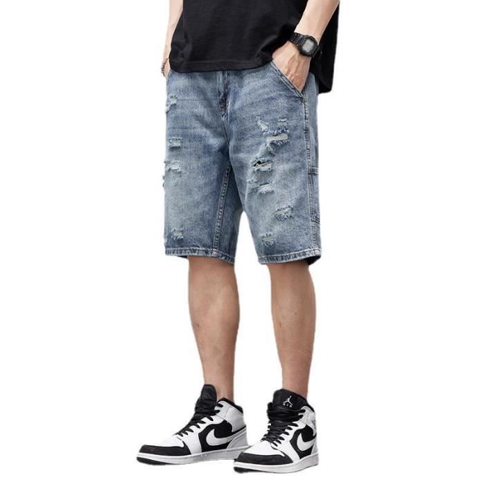 Short en Jeans Homme Déchiré Marque Coupe Droite Effet