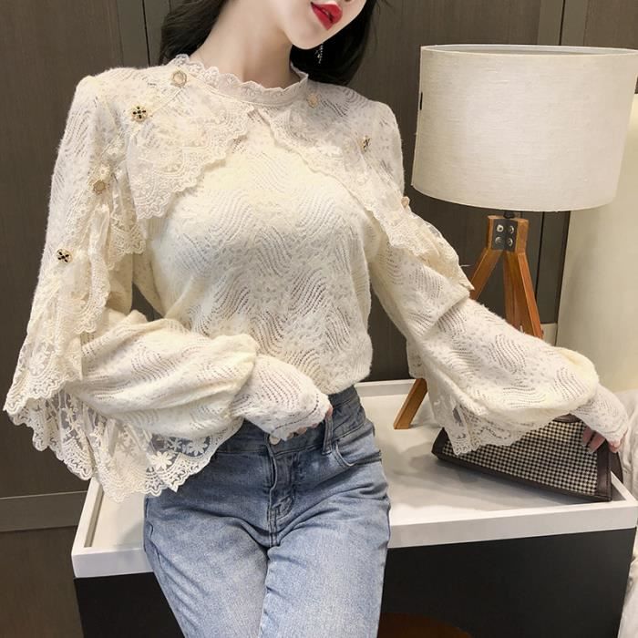 Chemise Chemisier en dentelle au crochet pour femme chale chic a volants pour femme col montant manches longues Apricot A89 Blanc Cdiscount Pret a Porter