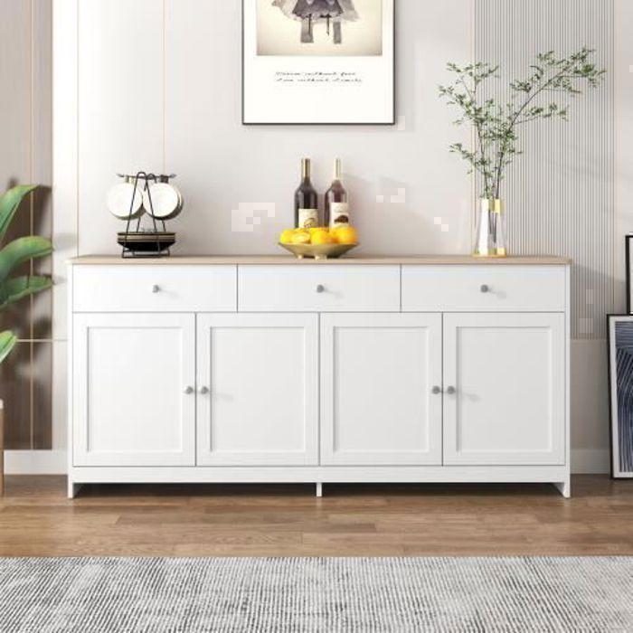 Commode Buffet Avec éclairage LED Okwish - 3 Tiroirs, 2 Portes - Noir Et Naturel - 160x40x85 Cm - Pour Salon, Salle à Manger, Chambre