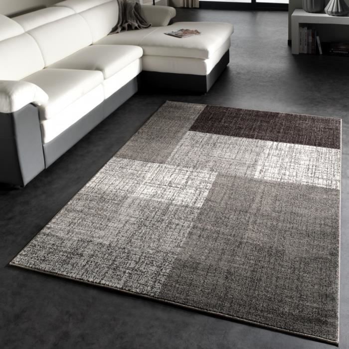 TT Home Tapis De Salon à Poils Ras 80x150 Cm Gris - Design Géométrique Abstrait Moderne - Polypropylène