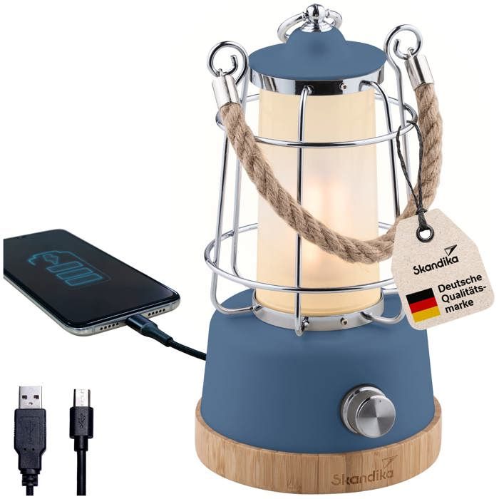 Lampe de Camping LED - Skandika Kiruna - Lanterne rétro bambou avec Powerbank - Rechargeable - USB - 75 h Autonomie - Bleu