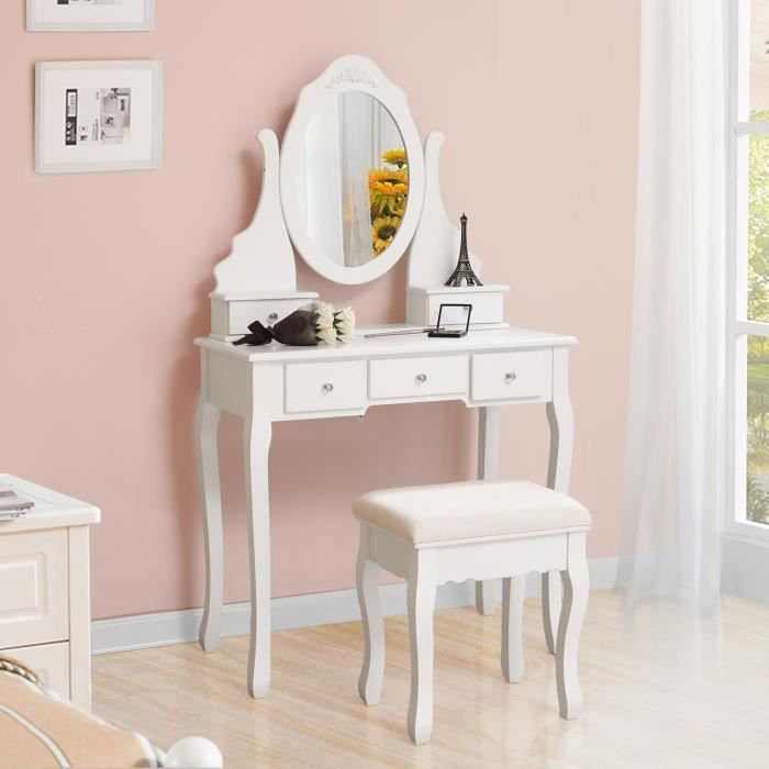 Songmics Coiffeuse Avec 5 Tiroirs 1 Tabouret Parois Et Miroir