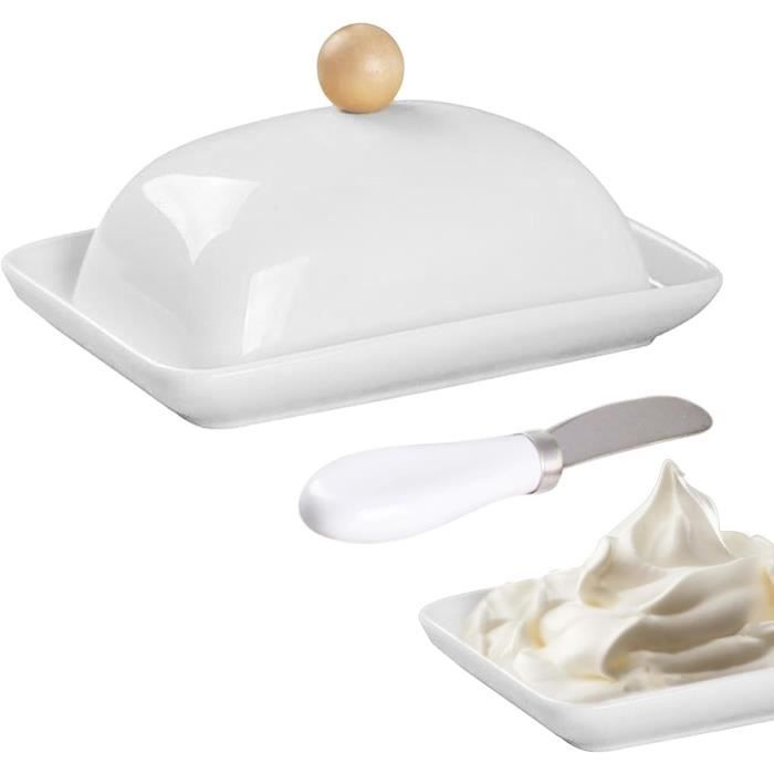 Beurrier En Porcelaine Blanc - Grand Format, Couvercle Avec Poignée - Pour Comptoir Ou Frigo, élégant Et Pratique