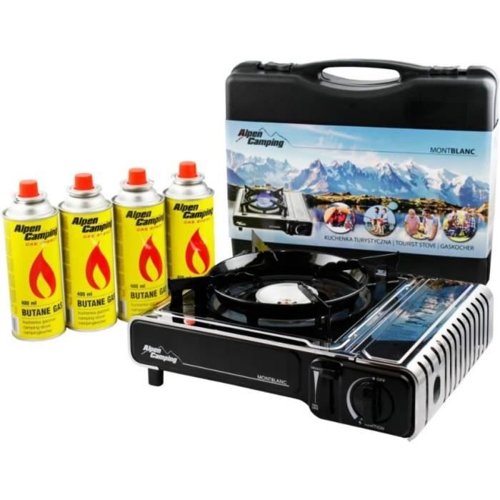 Mini Réchaud De Camping Pliable ZMC + Cartouches De Gaz Butane – 3200W, Inox, Portable, Neuf