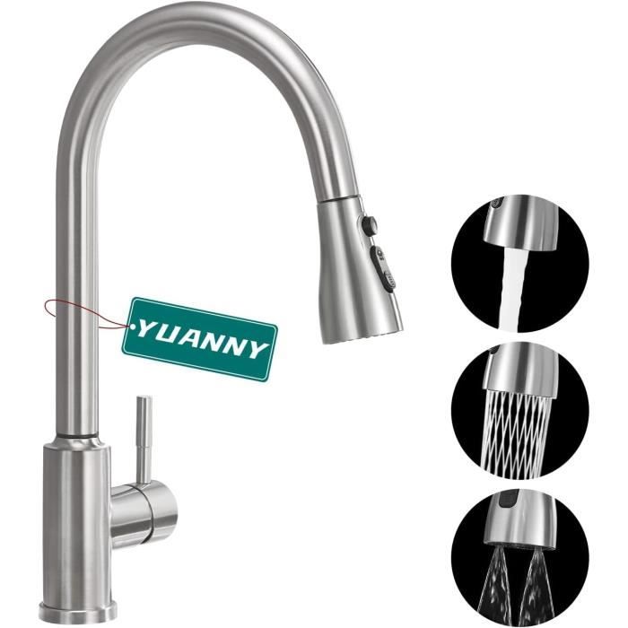 Tohlar Robinet Cuisine Avec Douchette Extractible - Acier Inox 304 - Pivotant 360° - Nickel Brossé