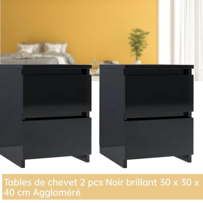 GES Tables de chevet 2 pcs Noir brillant 30 x 30 x 40 cm Avec 2 tiroirs ...
