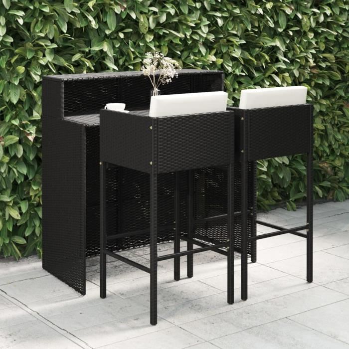 vidaXL Ensemble de bar de jardin 3 pcs et coussins Résine tressée Noir