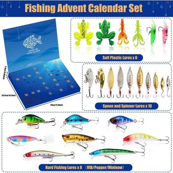 Calendrier De L'Avent Pêche 2024 - 24 Leurres Souples - Cadeau Noël Pour Pêcheur, Carnassier, Mer