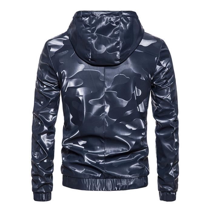 Blouson Homme en Cuir a Capuche Imprime Camouflage OEIN Confortable Veste en Cuir PU Noir Noir Cdiscount Pret a Porter