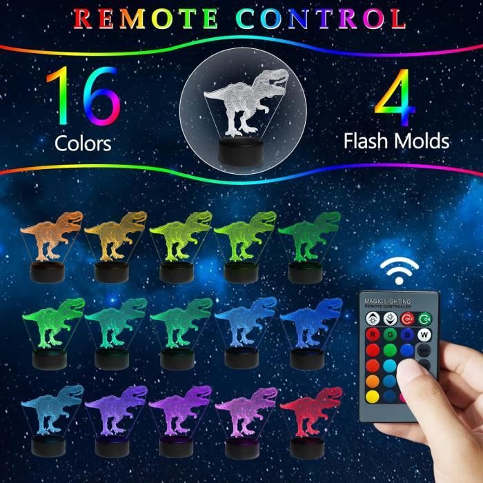 Dinosaure Lampe Illusion 3D, 16 Changements de Couleur et Télécommande pour Cadeaux de Noël et Dinosaure Lampe Illusion 3D, 16 Changements de Couleur et Télécommande pour Cadeaux de Noël et