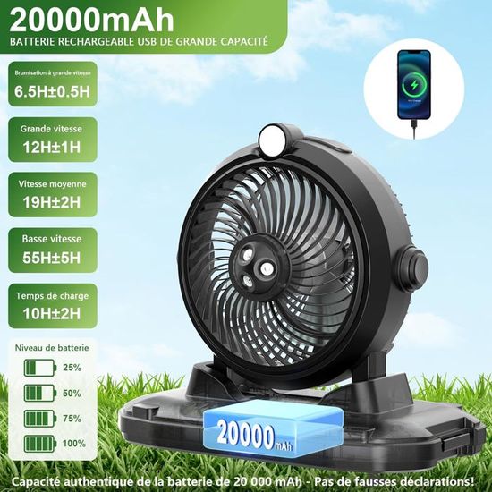 20V Ventilateur de camping sans fil extérieur portable rechargeable avec lumière