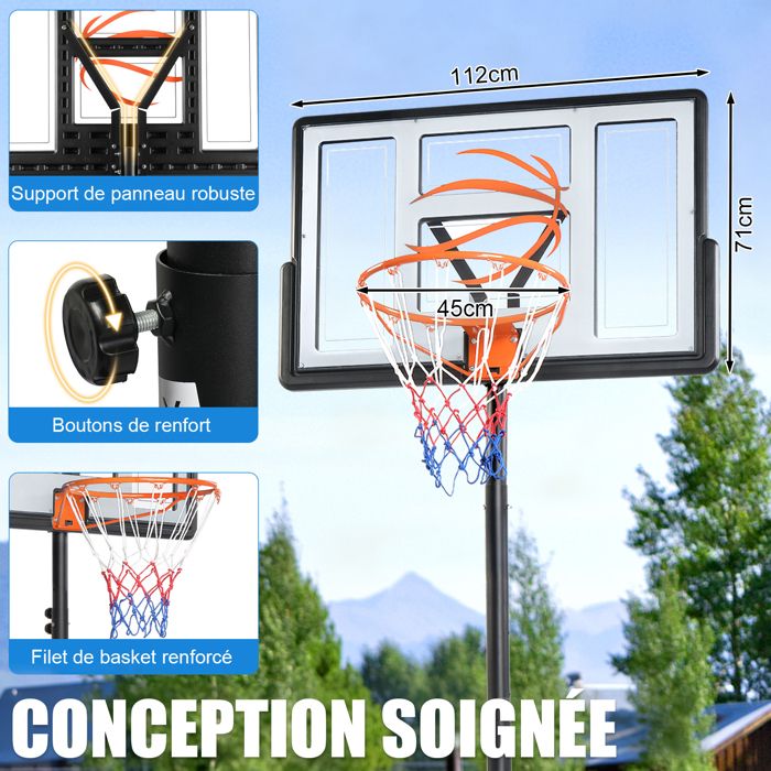 Panier Basket Extérieur – Hauteur Réglable 135-305cm (11 Niveaux) – Base Remplissable Eau/sable – Pour Enfants Et Adultes